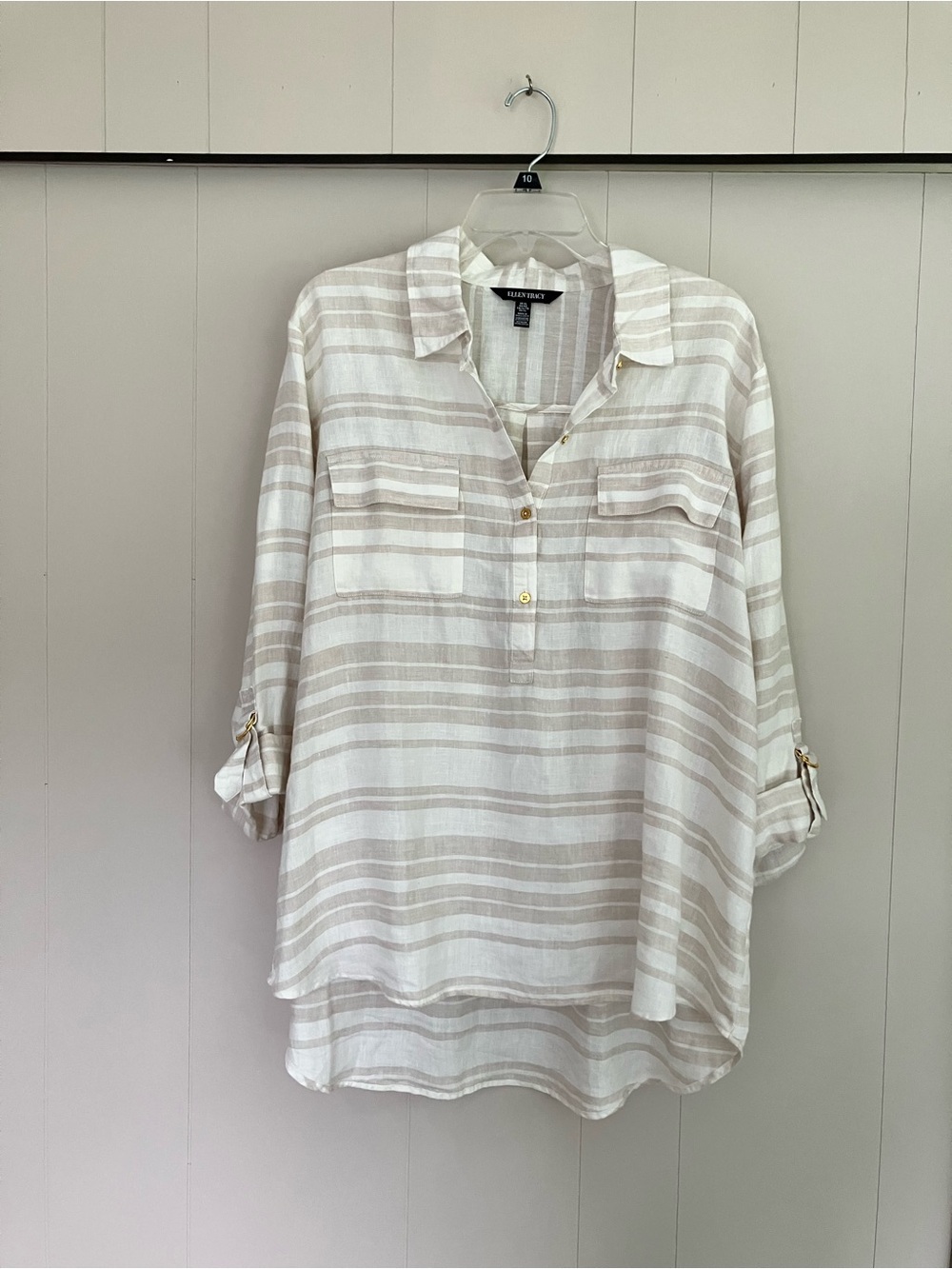 Ellen Tracy 100% Linen Cream Stripe Button-Front Tunic Top Roll Tab Sleeves
